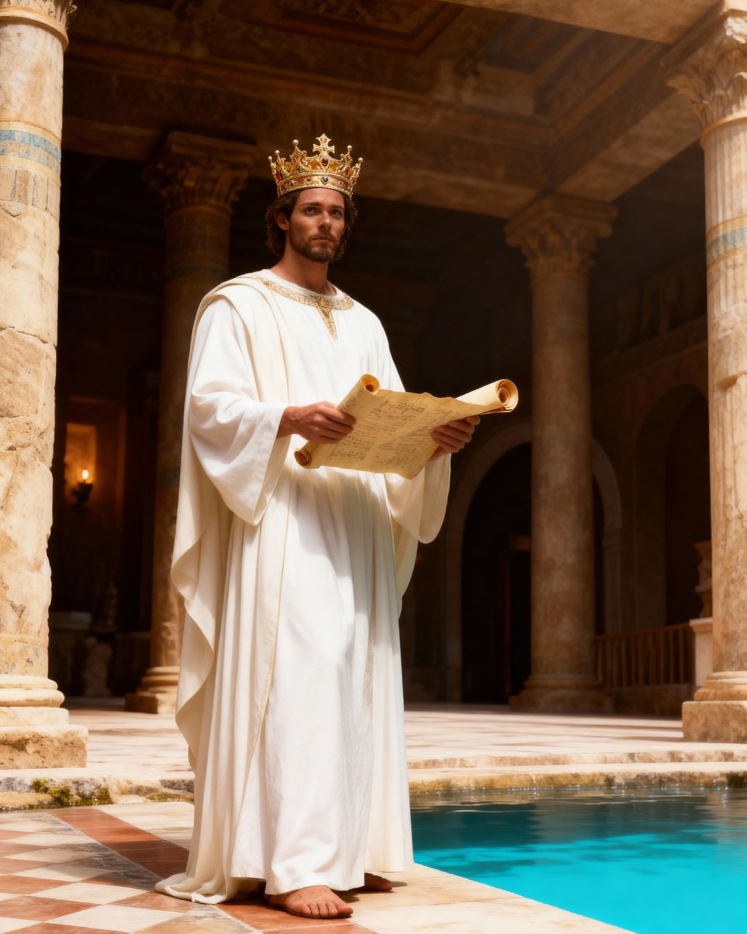 King Solomon in his temple reading a scroll